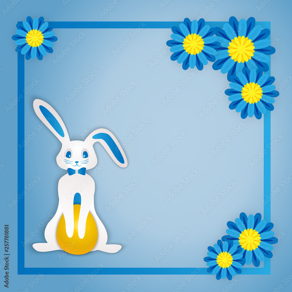 Easter card white paper hare with a golden Easter egg in a frame with spring flowers and a place for a signature on a blue background. Vector illustration.