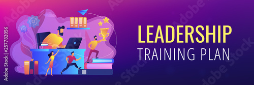 Businessman at laptop and leader runs up on books with trophy and his team. Business leadership, managing skills, leadership training plan concept. Header or footer banner template with copy space.