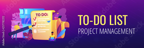 People feel in check boxes in to do list. Project task management it concept. Software development process and project management activities. Violet palette. Header or footer banner template.