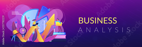 People recording analytics data of the IT project identifying business needs and determining solutions to business problems. Business analysis IT concept. Header or footer banner template.