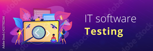 People catching bugs on the laptop screen with angle brackets. IT software application testing, quality assurance, QA team and bug fixing concept. Violet palette. Header or footer banner template.