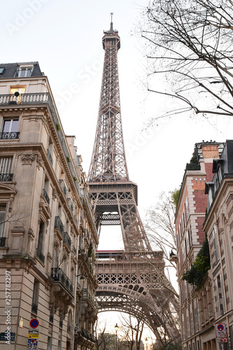 The Eiffel Tower viewed from a city street in Paris