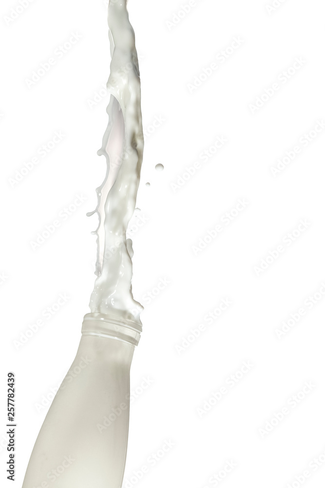 Fast Action Liquids Photography. Milk Splash Out Of The Bottle. Isolated Over White Background. Fast Action Liquids Photography. Milk Splash Out Of The Bottle. Isolated Over White Background.