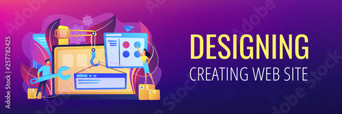 It professionals are creating web site on the laptop screen. Website development or web application, coding, designing for web browsers concept. Violet palette. Header or footer banner template.