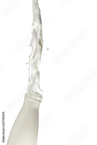 Fast Action Liquids Photography. Milk Splash Out Of The Bottle. Isolated Over White Background.