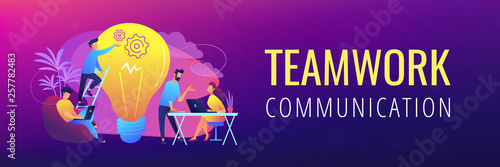 People working in friendly open space workplace. Coworking, freelance, teamwork, communication, interaction, idea, independent activity concept, violet palette. Header or footer banner template.