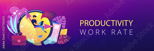 A freelance developer sitting on the clock hands with a laptop. Time management, productivity, efficiency, work rate, perfomance concept, violet palette. Header or footer banner template.
