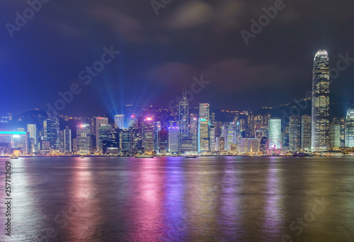 Hong Kong skyline cityscape downtown skyscrapers over Victoria Harbour in the evening. Hong Kong  China