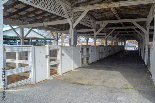 Row of white wooden animal stalls