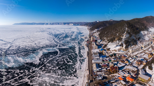 Listvyanka village on the shore of Lake Baikal, view from above in winter