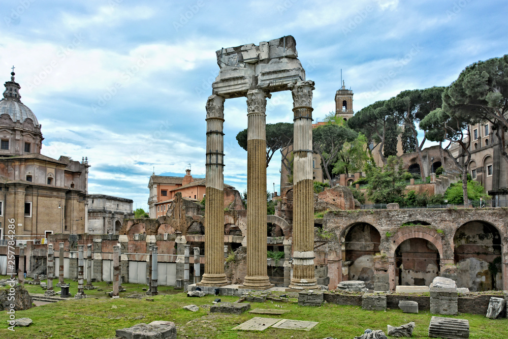 The Temple of Venus Genetrix is a ruined temple in the Forum of Caesar, dedicated to the Roman goddess of motherhood and domesticity in 46 BCE by Julius Caesar. Rome, Italy