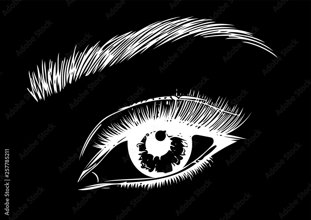 Eye on black background. Eyes art. Woman eye. The eye logo. Eyes art
