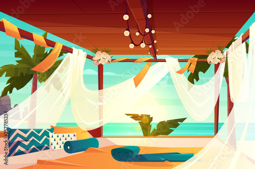 Chill out area on luxury, tropical resort cartoon vector. Comfortable terrace, decorated flowers, covered with white sunscreen tulle canopy and soft pillows on floor illustration. Relaxing on seashore