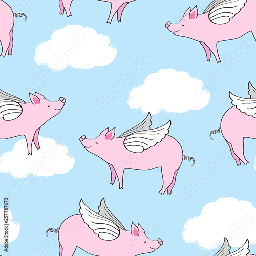 Seamless repeat pattern with flying winged pigs in blue sky with white fluffy clouds