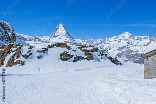Panoramic beautiful view of snow mountain Matterhorn peak, Zermatt, Switzerland.