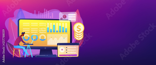 Data analyst consolidating financial information and reports on computer. Financial data management, financial software, digital data report concept. Header or footer banner template with copy space.