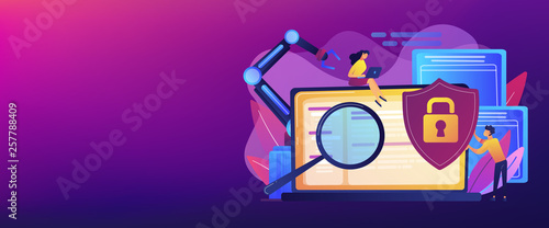 Developers, robot work at laptop with magnifier. Industrial cybersecurity, industrial robotics malware, safeguarding of industrial robotics concept. Header or footer banner template with copy space.