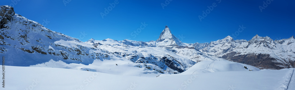 Beautiful panoramic view of the Matterhorn Mountain in winter, Zermatt, Switzerland.