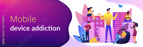 People in the city overusing mobile devices and a man feeling alone. Smartphone addiction, digital disorder, mobile device addiction concept. Header or footer banner template with copy space.