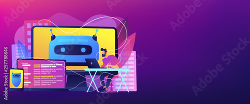 User with computer, laptop and tablet screens with chatbot and digital habits. Digital wellbeing, digital health, device stress managing concept. Header or footer banner template with copy space.