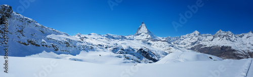 Beautiful panoramic view of the Matterhorn Mountain in winter, Zermatt, Switzerland. © sahachat