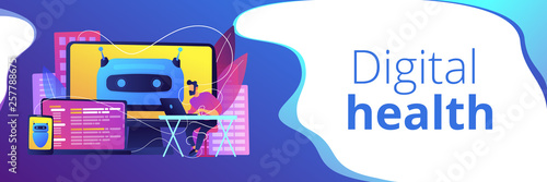 User with computer, laptop and tablet screens with chatbot and digital habits. Digital wellbeing, digital health, device stress managing concept. Header or footer banner template with copy space.
