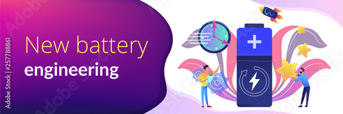 Engineers with battery charging and stars with rocket. Fast charging technology, fast-charge batteries, new battery engineering concept. Header or footer banner template with copy space.