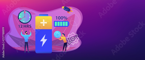 Users and battery performance and longevity with charge indicator and time. Battery runtime, extend runtime technology, long battery life concept. Header or footer banner template with copy space.