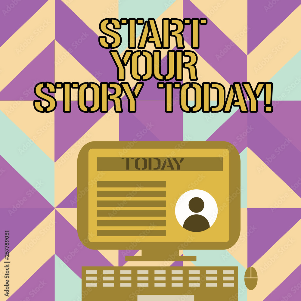 Handwriting text writing Start Your Story Today. Conceptual photo work hard on yourself and begin from this moment Desktop Computer Mounted on Stand with Online Profile Data on Monitor Screen