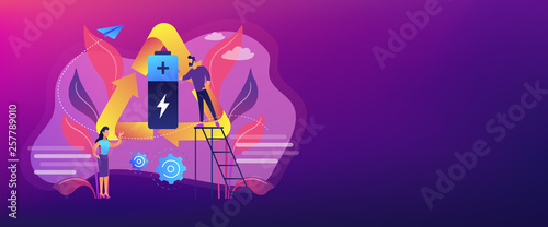 Businessman and woman using battery in recycle symbol. Eco battery, environmentally friendly battery, innovative eco-design concept. Header or footer banner template with copy space.