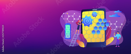 Tiny people scientists with graphene atomic structure for smartphone. Graphene technologies, artificial graphene, modern science revolution concept. Header or footer banner template with copy space.