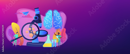 Tiny people scientists study microorganisms through magnifier. Microbiological technology, medical microbiology, biotechnology science concept. Header or footer banner template with copy space.