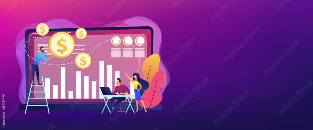Tiny business people and analysts transforming data into money. Data monetization, monetizing of data services, selling of data analysis concept. Header or footer banner template with copy space. Tiny business people and analysts transforming data into money. Data monetization, monetizing of data services, selling of data analysis concept. Header or footer banner template with copy space.