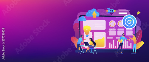 Tiny business analysts discussing ideas at laptop with data. Data initiative, occupation in metadata study, data driven startup concept. Header or footer banner template with copy space.