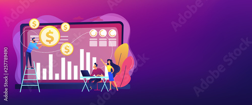 Tiny business people and analysts transforming data into money. Data monetization, monetizing of data services, selling of data analysis concept. Header or footer banner template with copy space.