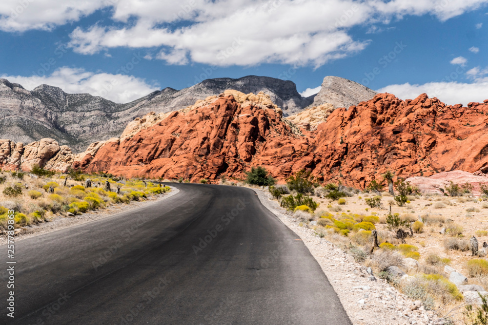Long narrow road leading to red rocks of Red Rock Canyon. Long narrow road leading to red rocks of Red Rock Canyon.