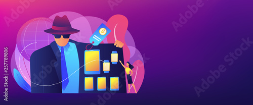 Retailer in raincoat sells digital devices to customer, tiny people. Gray market, electronics parallel market, illegal commercial channel concept. Header or footer banner template with copy space.