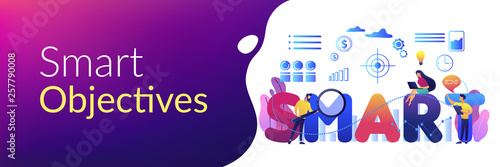 Tiny business people working on goals and sitting on smart word. SMART Objectives, objective establishment, measurable goals development concept. Header or footer banner template with copy space.