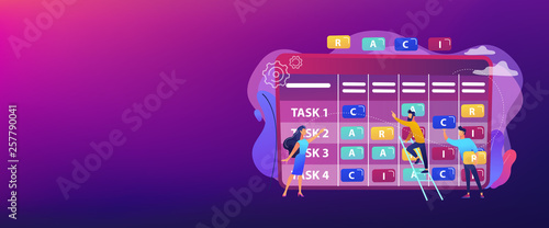 Tiny business people at responsibility chart with tasks. RACI matrix, responsibility assignment matrix, linear responsibility chart concept. Header or footer banner template with copy space.