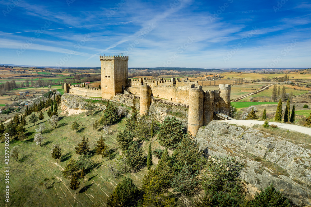 Penaranda de Duero aerial view of medieval castle, donjon and fortified town in Castilla La Mancha Spain