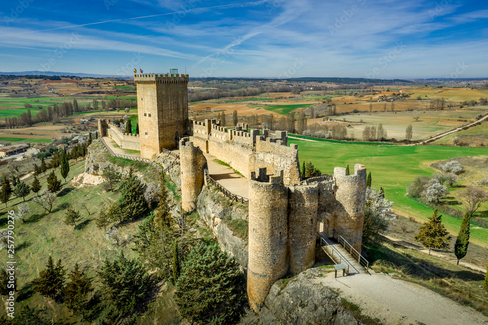 Penaranda de Duero aerial view of medieval castle, donjon and fortified town in Castilla La Mancha Spain