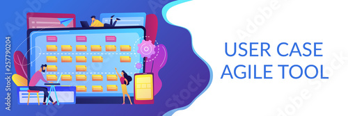 Tiny people developers at laptop and customer requirements. Software requirement description, user case agile tool, business analysis concept. Header or footer banner template with copy space.