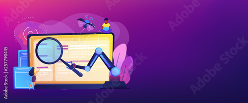 Laptop and software assisting in testing process, tiny people testers. Automated testing, automotive executed test, software auto tester concept. Header or footer banner template with copy space.