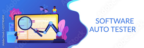 Laptop and software assisting in testing process, tiny people testers. Automated testing, automotive executed test, software auto tester concept. Header or footer banner template with copy space.