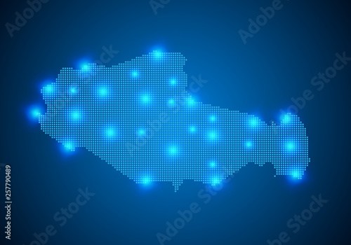 Abstract blue background with map, internet line, connected points. map with dot nodes. Global network connection concept. Wire frame 3D mesh polygonal network line. vector.