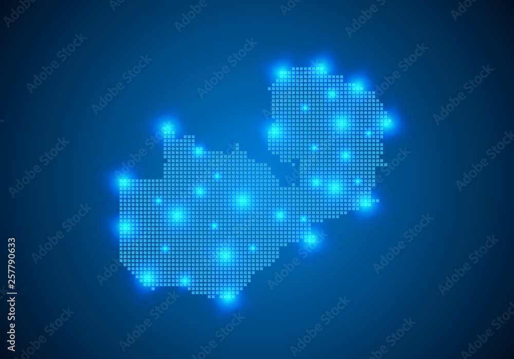 Obraz premium Abstract blue background with map, internet line, connected points. map with dot nodes. Global network connection concept. Wire frame 3D mesh polygonal network line. vector.