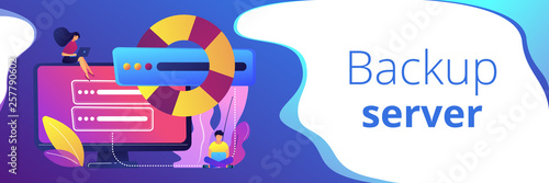 Tiny people programmers with laptops save data on backup server with lifebuoy. Backup server, online backup storage, secondary system server concept. Header or footer banner template with copy space.