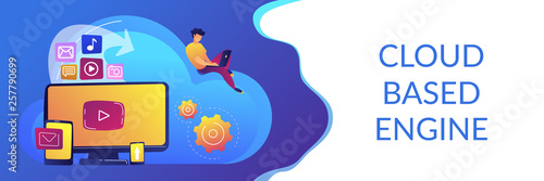Digital devices and businessman with laptop on cloud using IaaS. Cloud based engine, infrastructure as a service, virtual machine on demand concept. Header or footer banner template with copy space.
