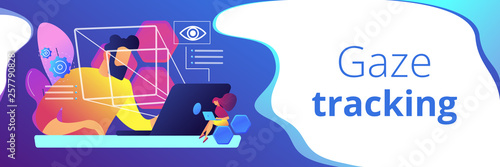 Businessman and technology measuring eye position and movement, tiny people. Eye tracking technology, gaze tracking, eye position sensor concept. Header or footer banner template with copy space.