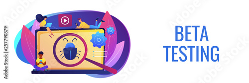 Tiny business people with digital devices testing demo software. Beta testing, new product testing, presale user experience concept. Header or footer banner template with copy space.